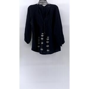 JOHNNY WAS CALME Women's Black V Tie-Neck Long Sleeve Embroidered Floral Top SZM